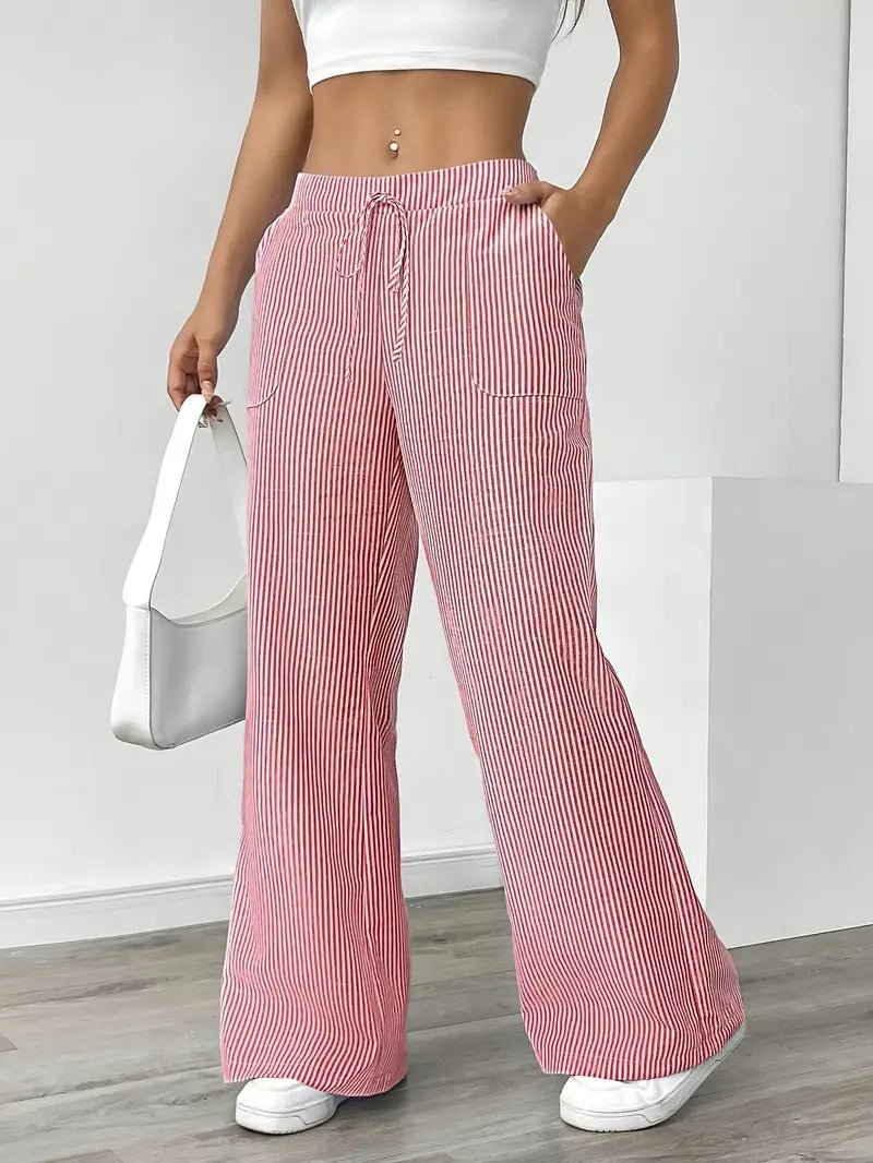 Linen Wide Leg Striped Pants Drawstring Waist Pockets