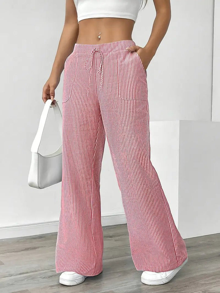 Linen Wide Leg Striped Pants Drawstring Waist Pockets