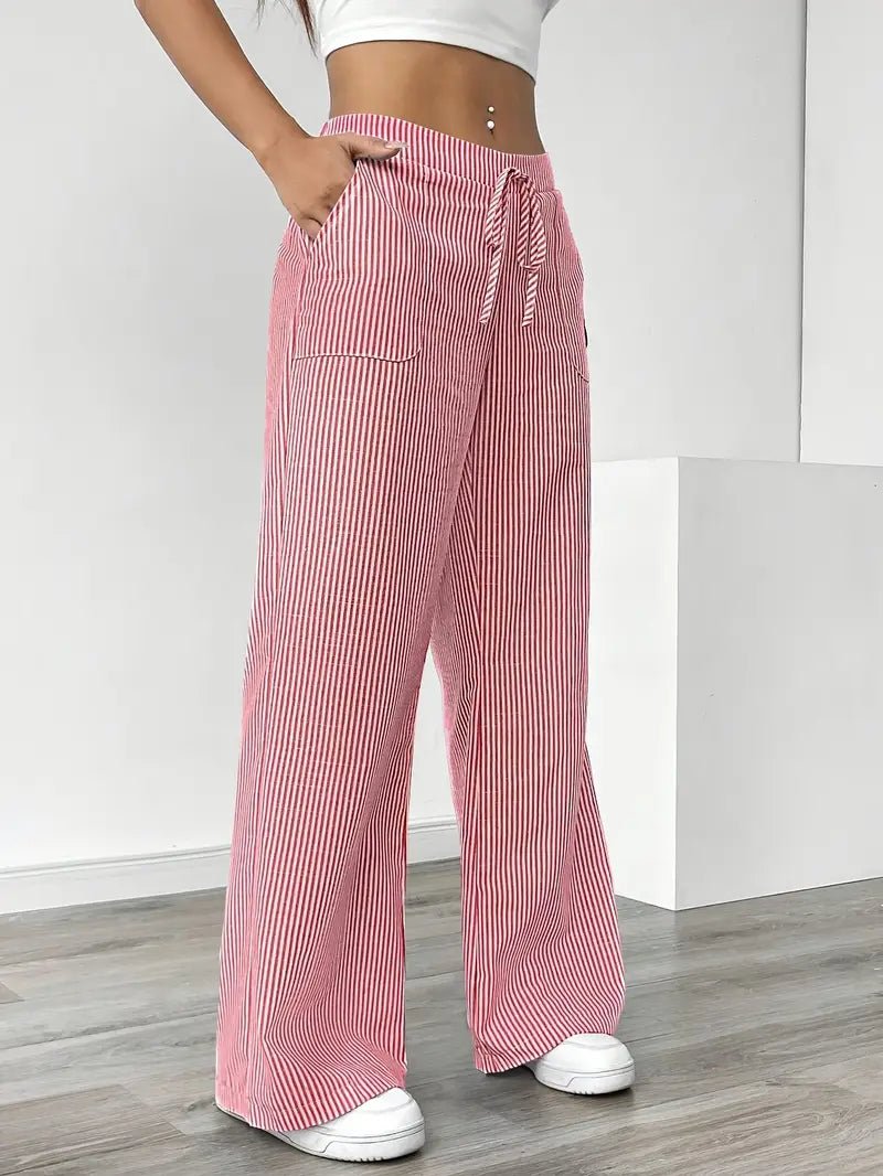 Linen Wide Leg Striped Pants Drawstring Waist Pockets