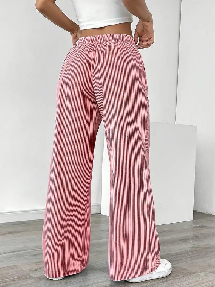 Linen Wide Leg Striped Pants Drawstring Waist Pockets