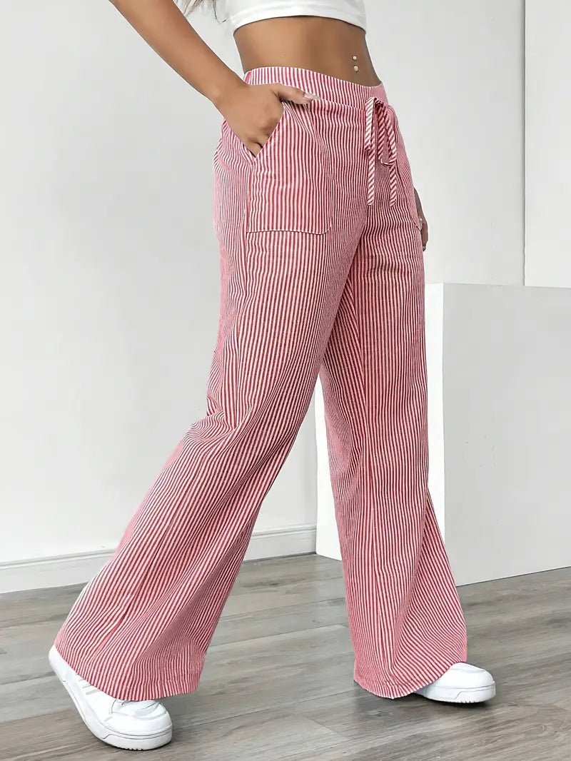 Linen Wide Leg Striped Pants Drawstring Waist Pockets