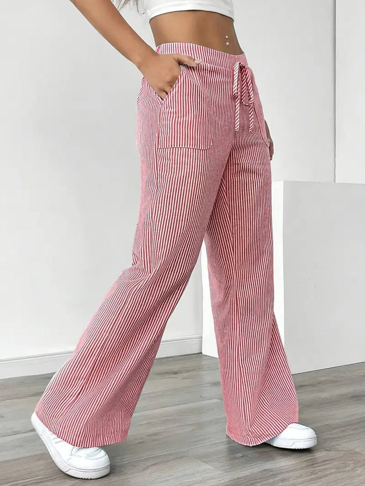 Linen Wide Leg Striped Pants Drawstring Waist Pockets
