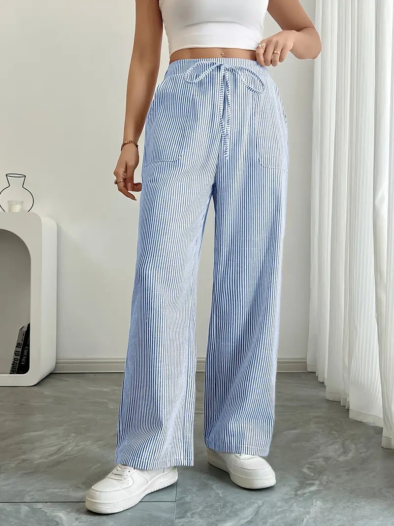 Linen Wide Leg Striped Pants Drawstring Waist Pockets
