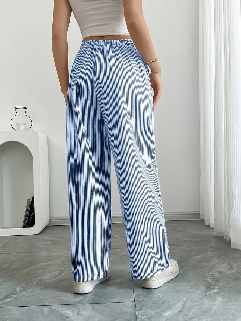 Linen Wide Leg Striped Pants Drawstring Waist Pockets