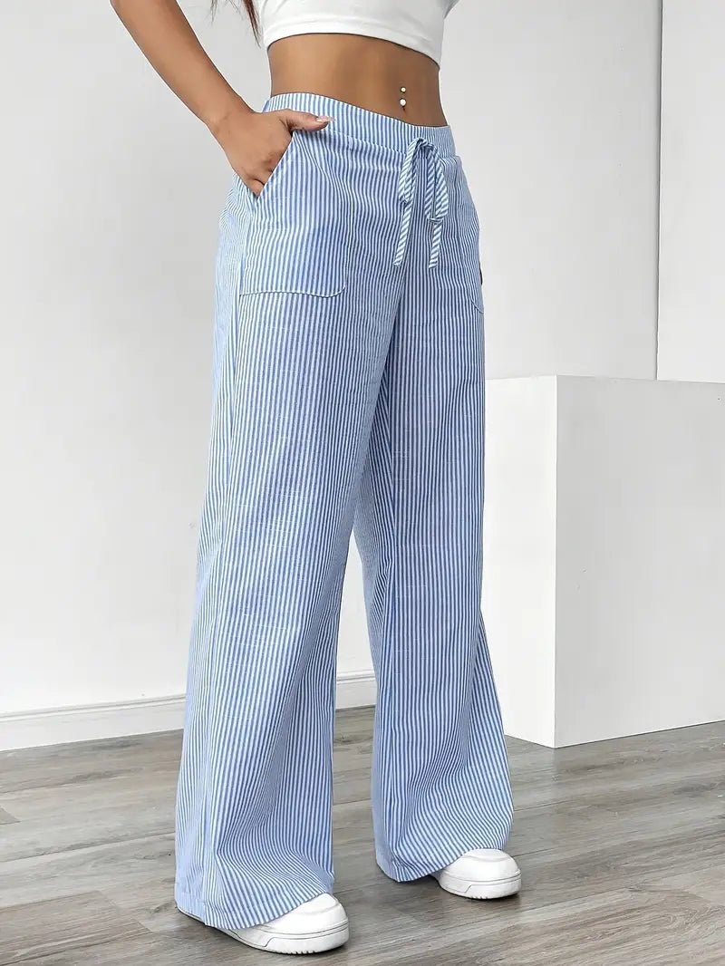 Linen Wide Leg Striped Pants Drawstring Waist Pockets
