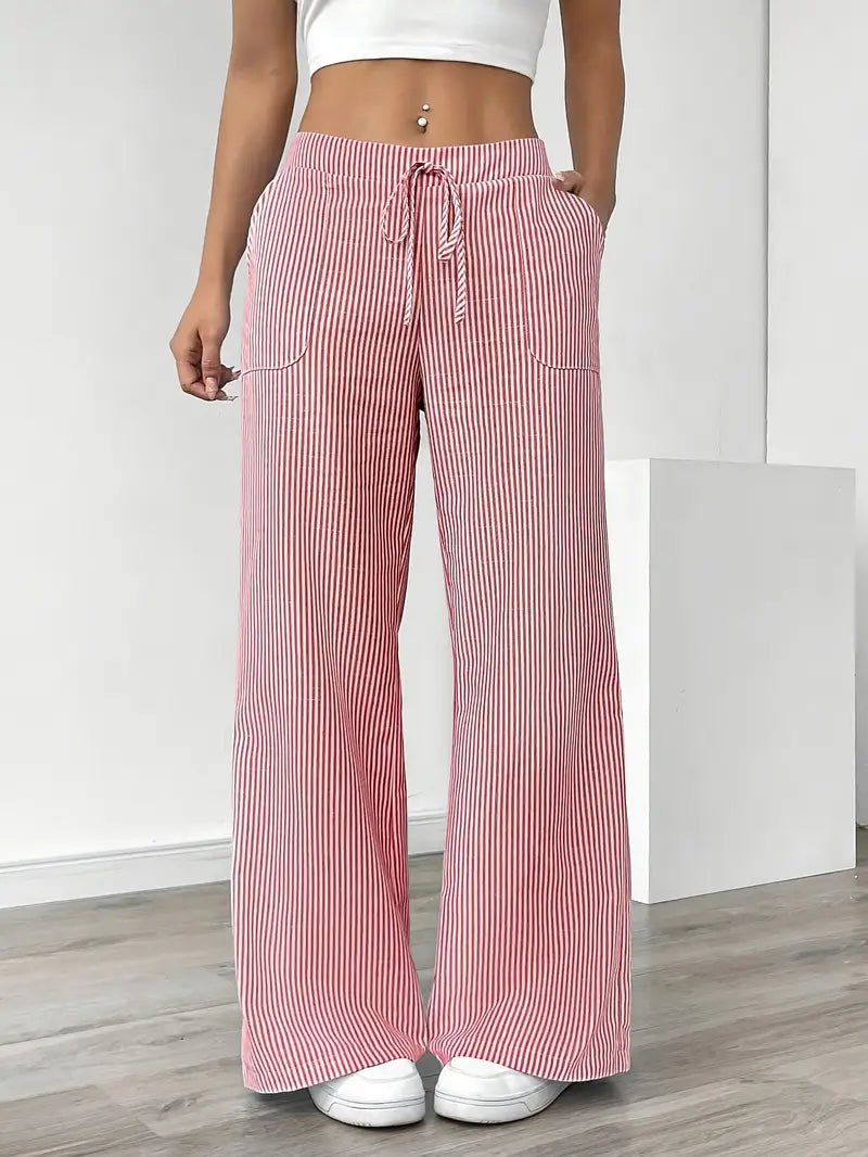 Linen Wide Leg Striped Pants Drawstring Waist Pockets - Pink
