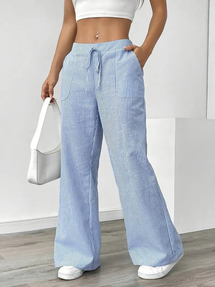 Linen Wide Leg Striped Pants Drawstring Waist Pockets
