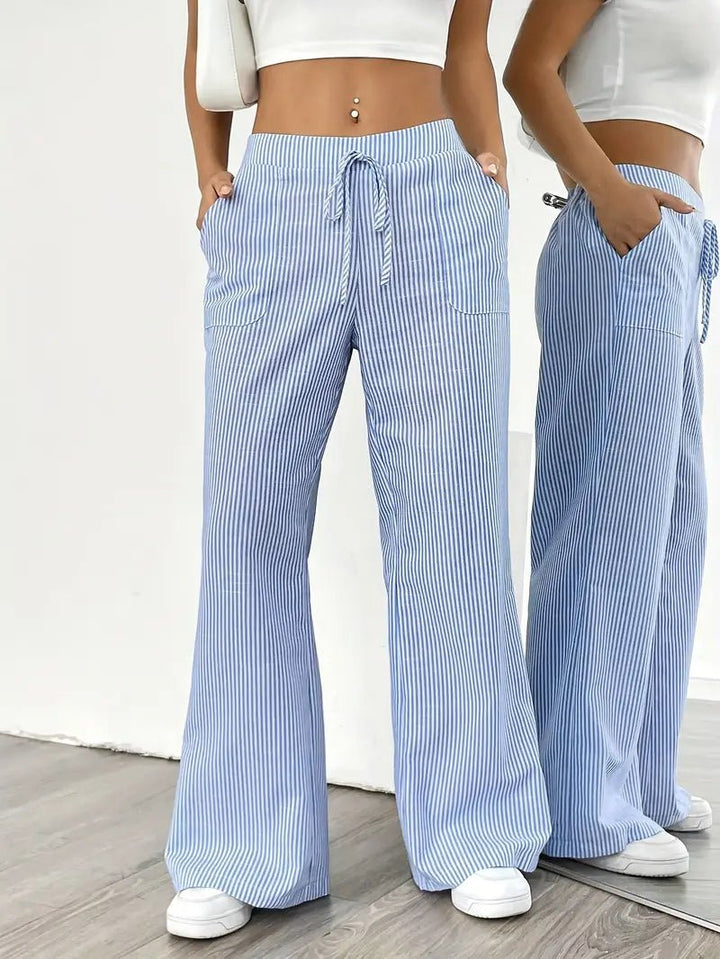 Linen Wide Leg Striped Pants Drawstring Waist Pockets