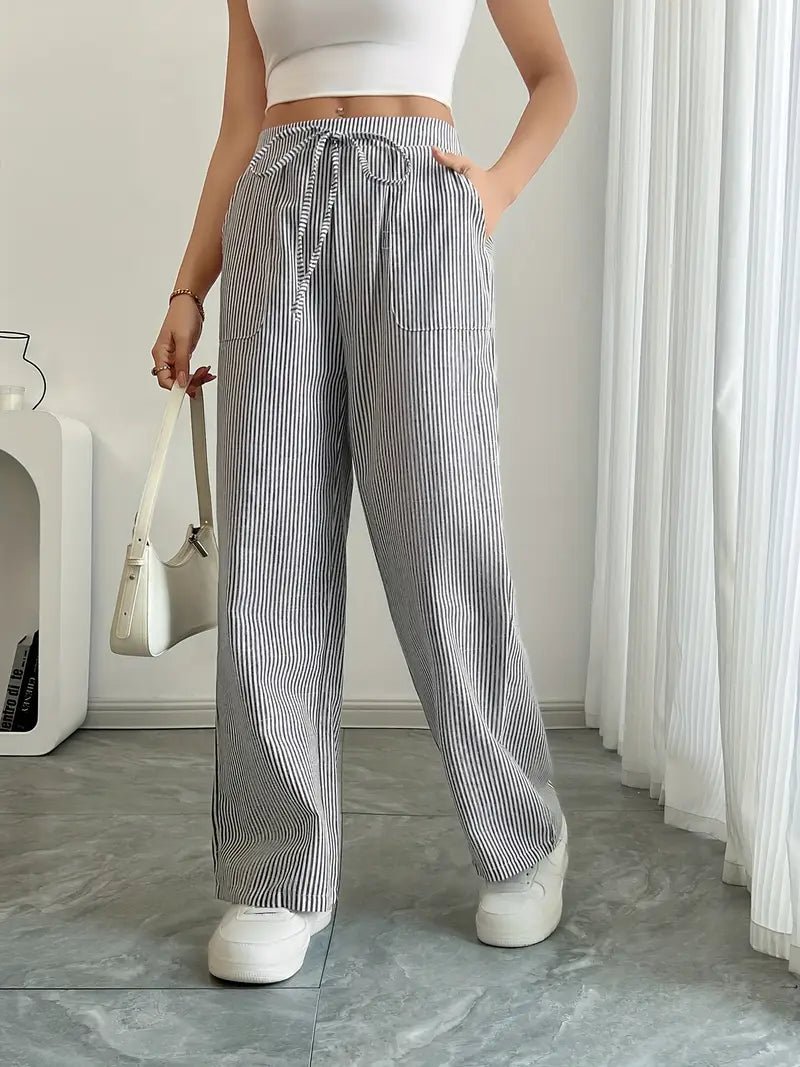 Linen Wide Leg Striped Pants Drawstring Waist Pockets