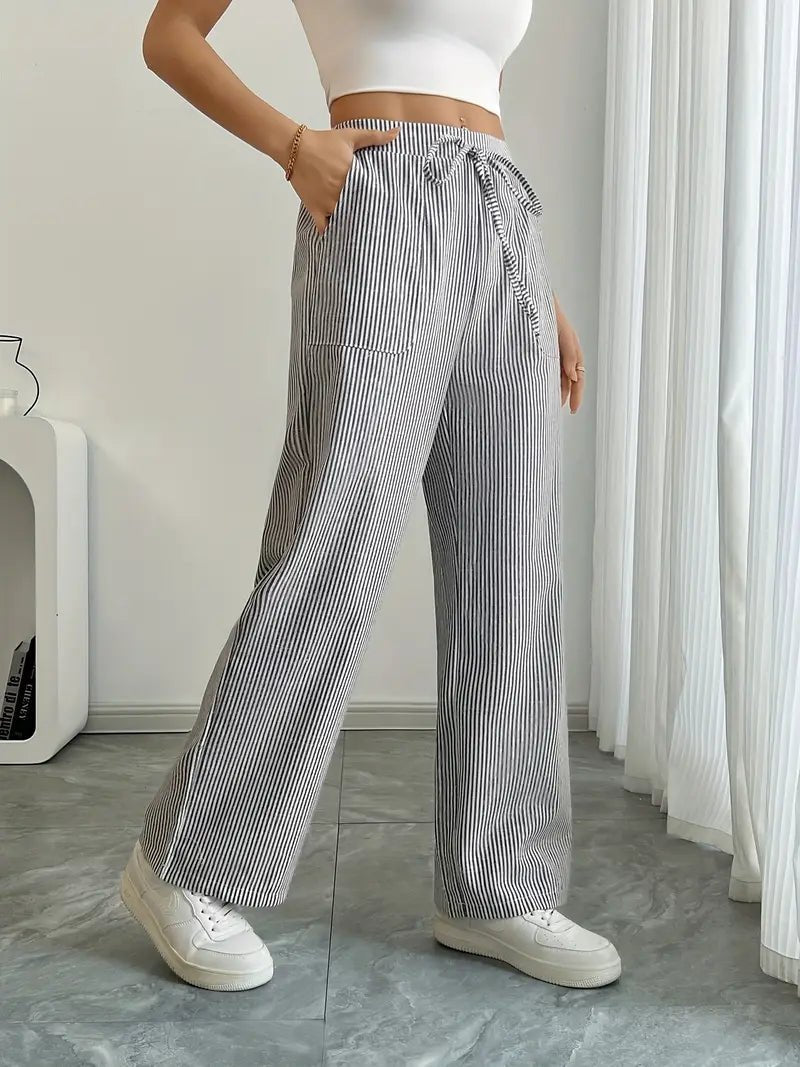 Linen Wide Leg Striped Pants Drawstring Waist Pockets