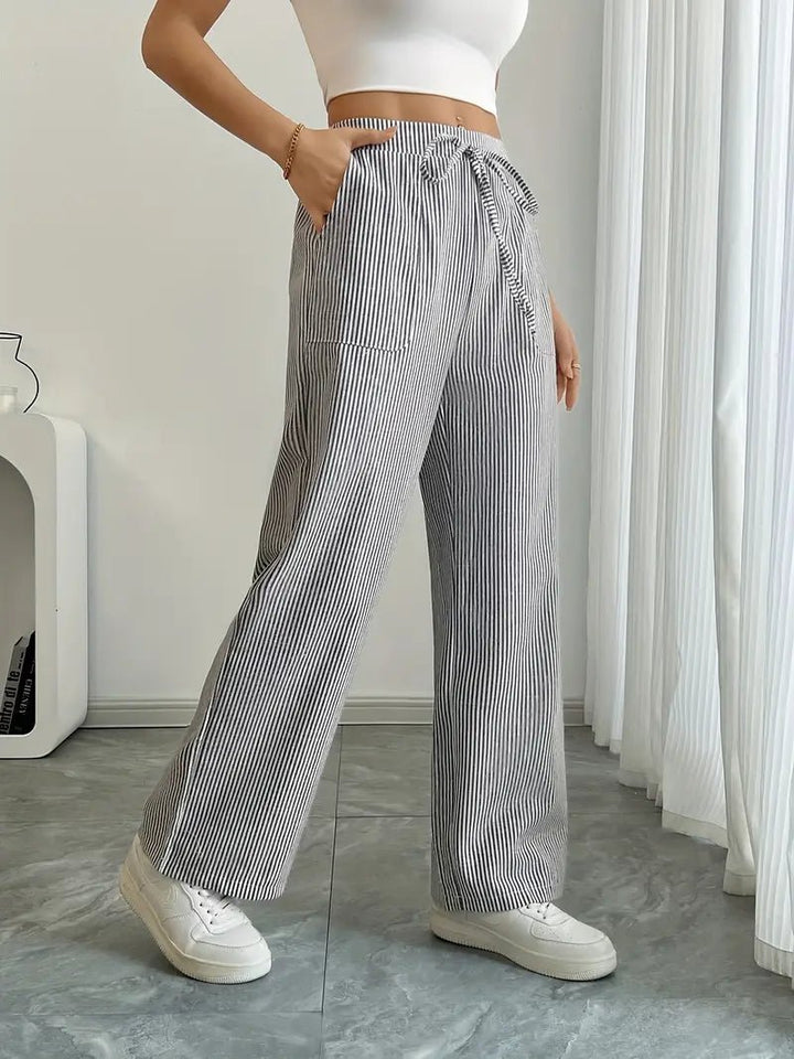 Linen Wide Leg Striped Pants Drawstring Waist Pockets