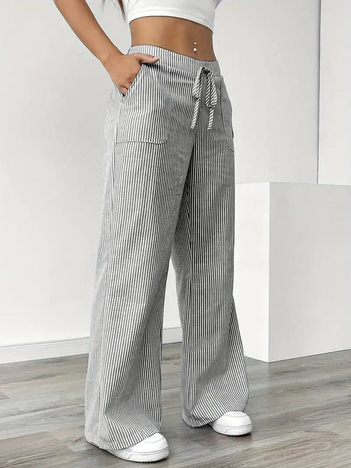 Linen Wide Leg Striped Pants Drawstring Waist Pockets