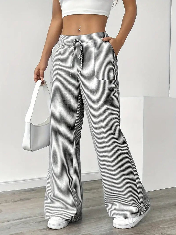 Linen Wide Leg Striped Pants Drawstring Waist Pockets