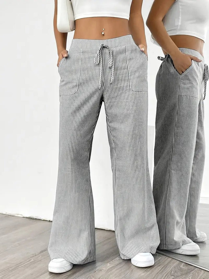 Linen Wide Leg Striped Pants Drawstring Waist Pockets
