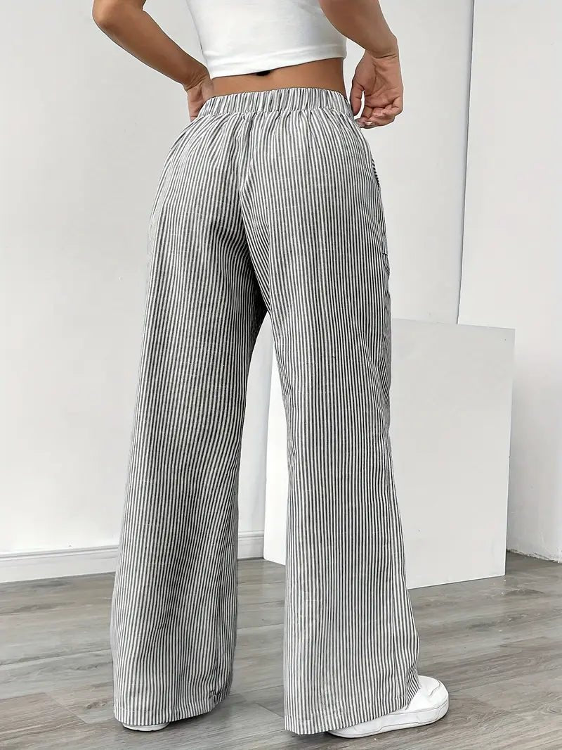 Linen Wide Leg Striped Pants Drawstring Waist Pockets