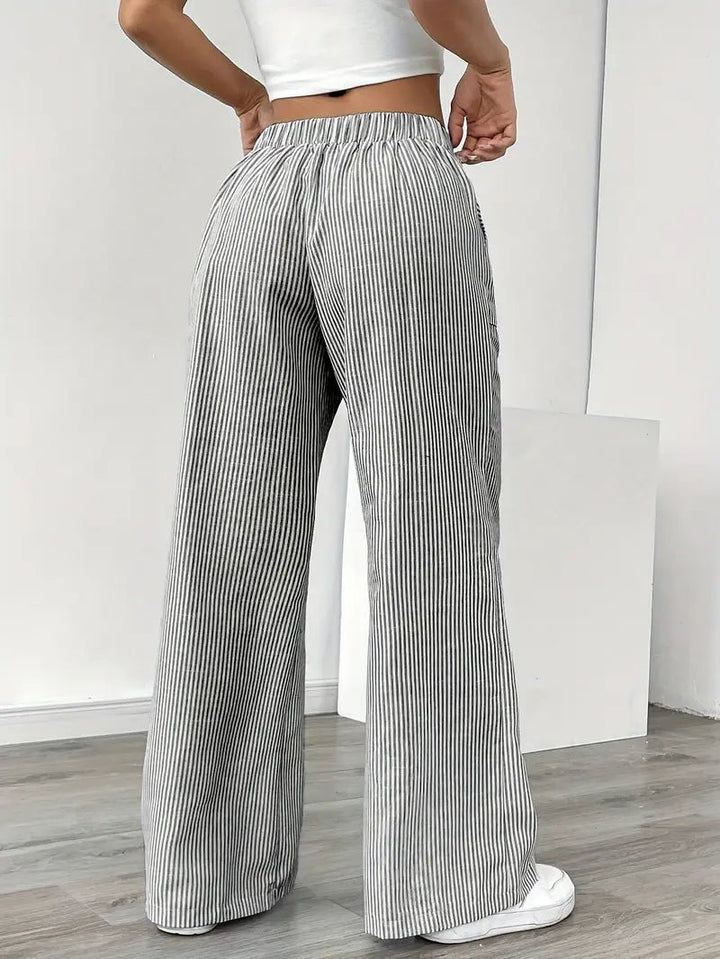 Linen Wide Leg Striped Pants Drawstring Waist Pockets