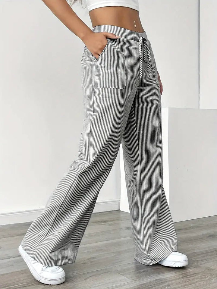 Linen Wide Leg Striped Pants Drawstring Waist Pockets