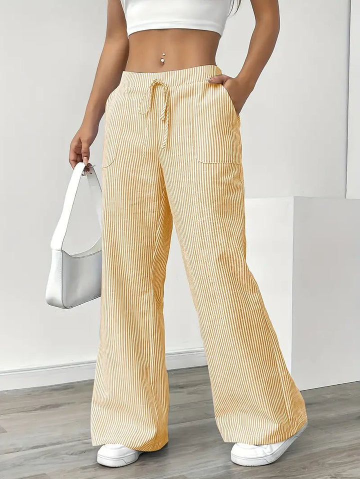 Linen Wide Leg Striped Pants Drawstring Waist Pockets