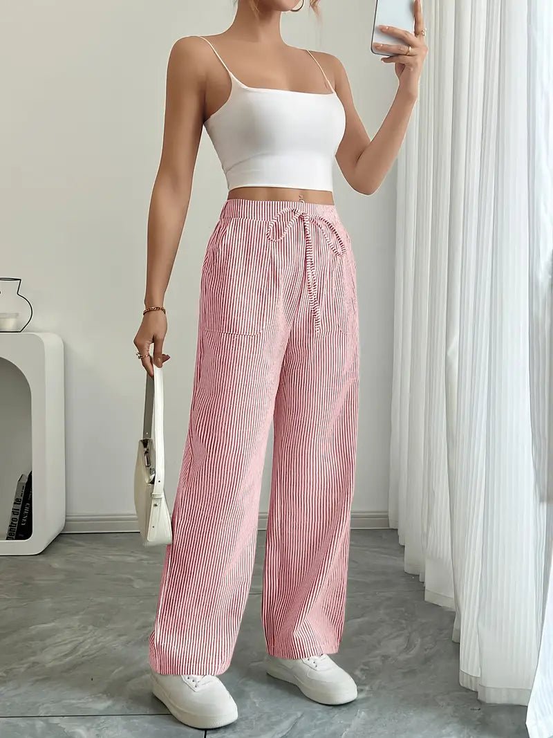 Linen Wide Leg Striped Pants Drawstring Waist Pockets