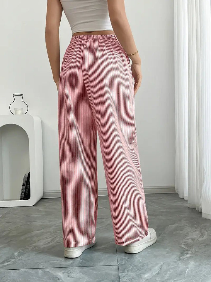 Linen Wide Leg Striped Pants Drawstring Waist Pockets