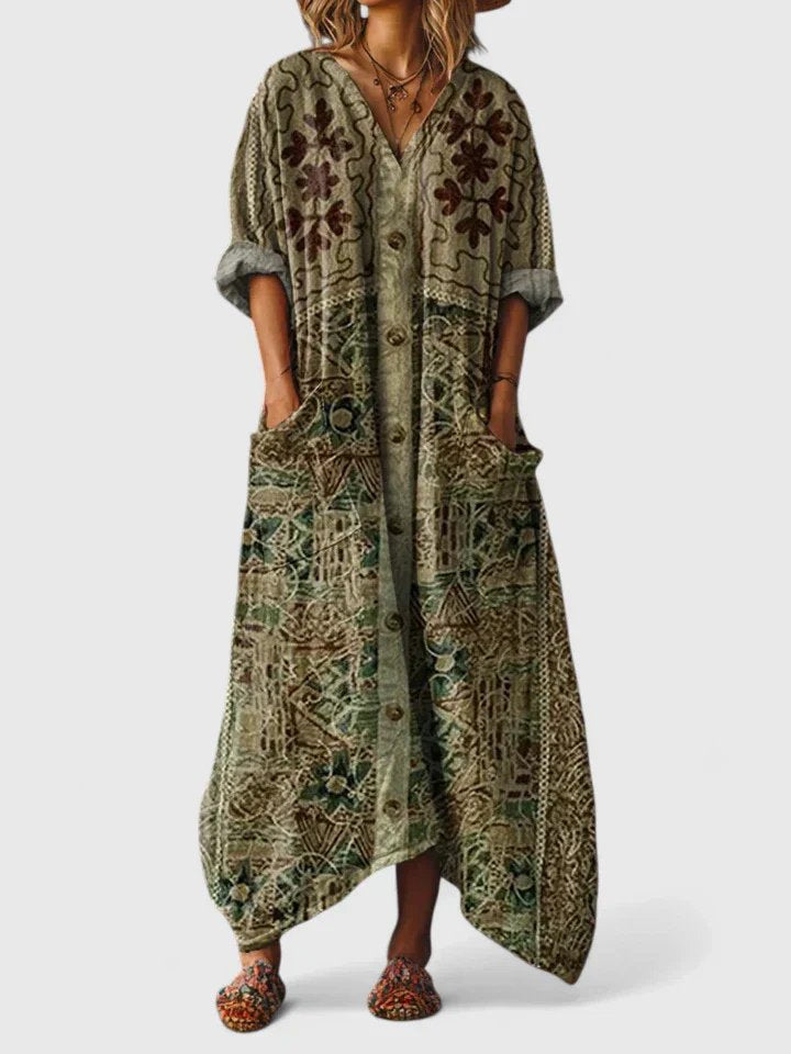Maxi Dress Cotton Boho Paisley Print Oversized Pockets - Olive Green