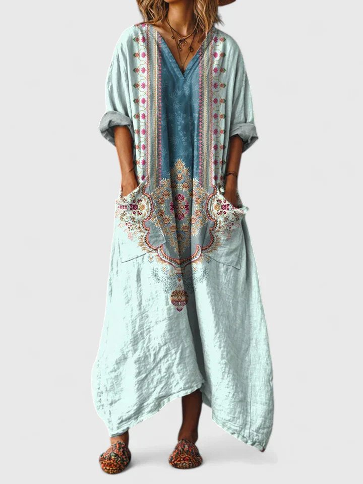 Maxi Dress Cotton Boho Paisley Print Oversized Pockets - Powder Blue