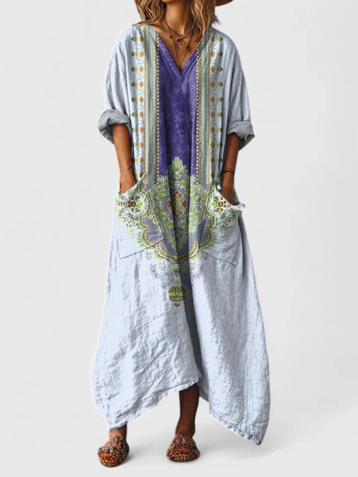 Maxi Dress Cotton Boho Paisley Print Oversized Pockets - Light Blue