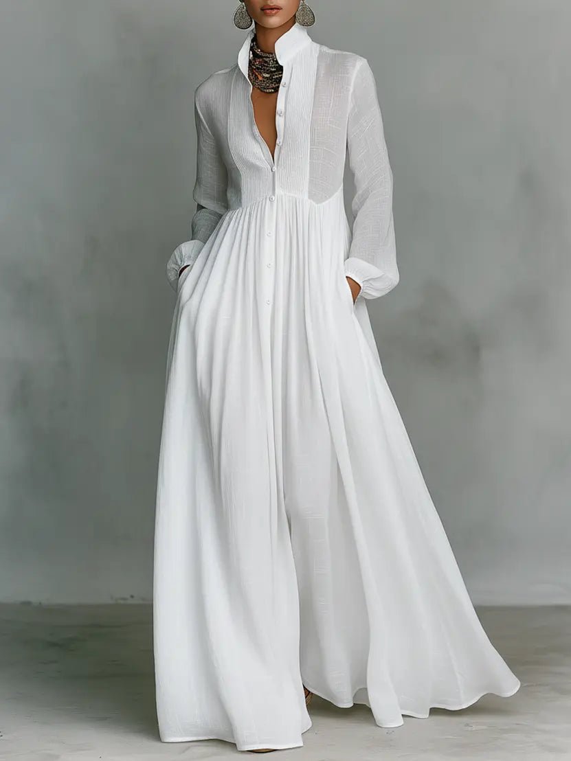 Maxi Dress Cotton Linen Blend Stand Collar Button Front - White