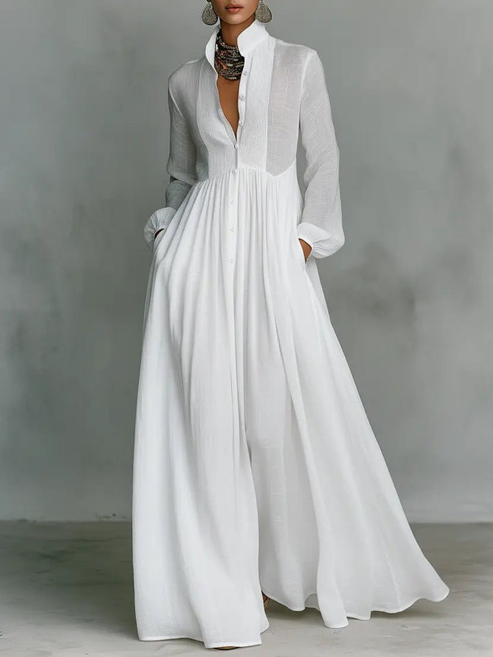 Maxi Dress Cotton Linen Blend Stand Collar Button Front - White