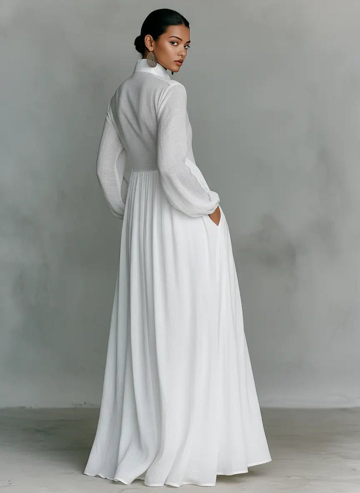 Maxi Dress Cotton Linen Blend Stand Collar Button Front