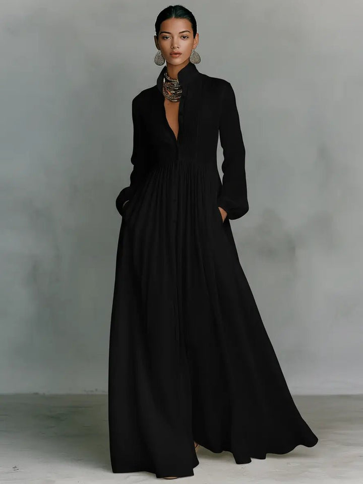 Maxi Dress Cotton Linen Blend Stand Collar Button Front - Black