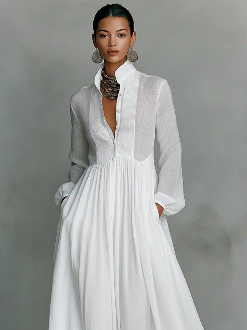 Maxi Dress Cotton Linen Blend Stand Collar Button Front