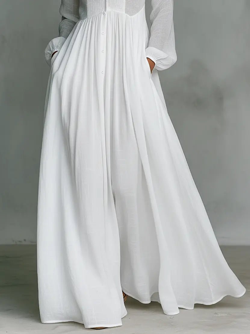 Maxi Dress Cotton Linen Blend Stand Collar Button Front