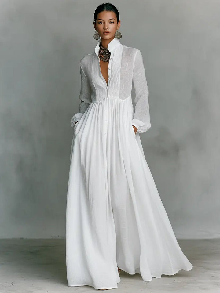Maxi Dress Cotton Linen Blend Stand Collar Button Front