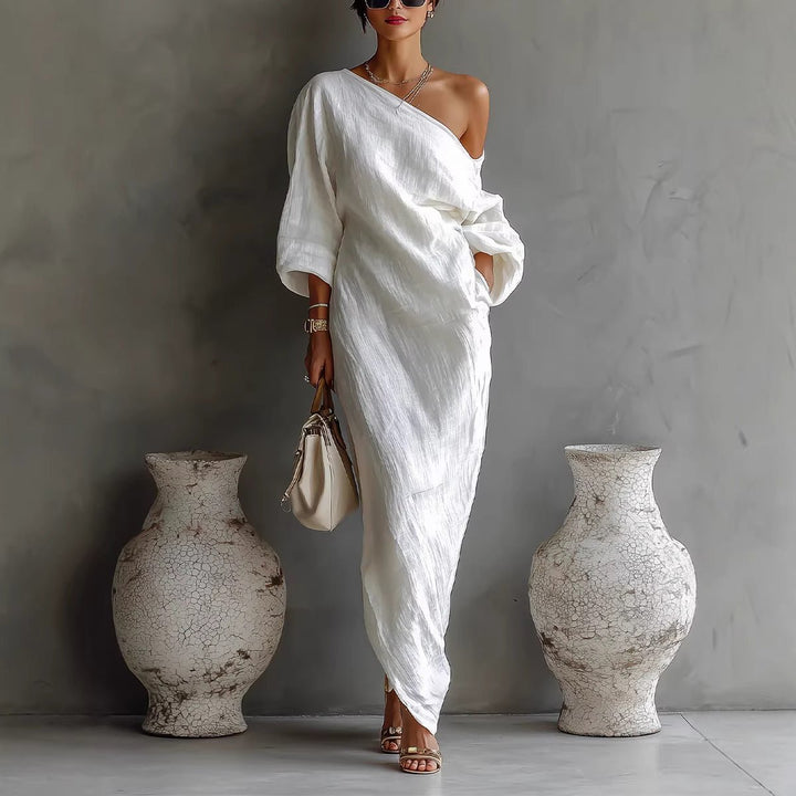 Maxi Dress Off Shoulder Lantern Sleeve Linen Blend Loose - White
