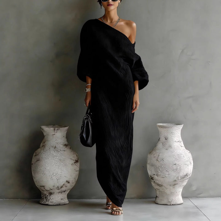 Maxi Dress Off Shoulder Lantern Sleeve Linen Blend Loose - Black