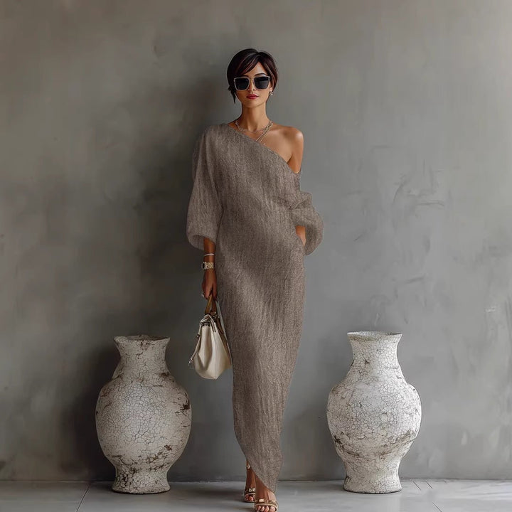 Maxi Dress Off Shoulder Lantern Sleeve Linen Blend Loose - Gray