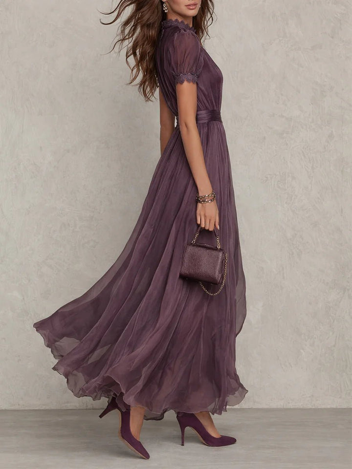 Maxi Dress Short Sleeve Keyhole Neckline Puff Sleeve