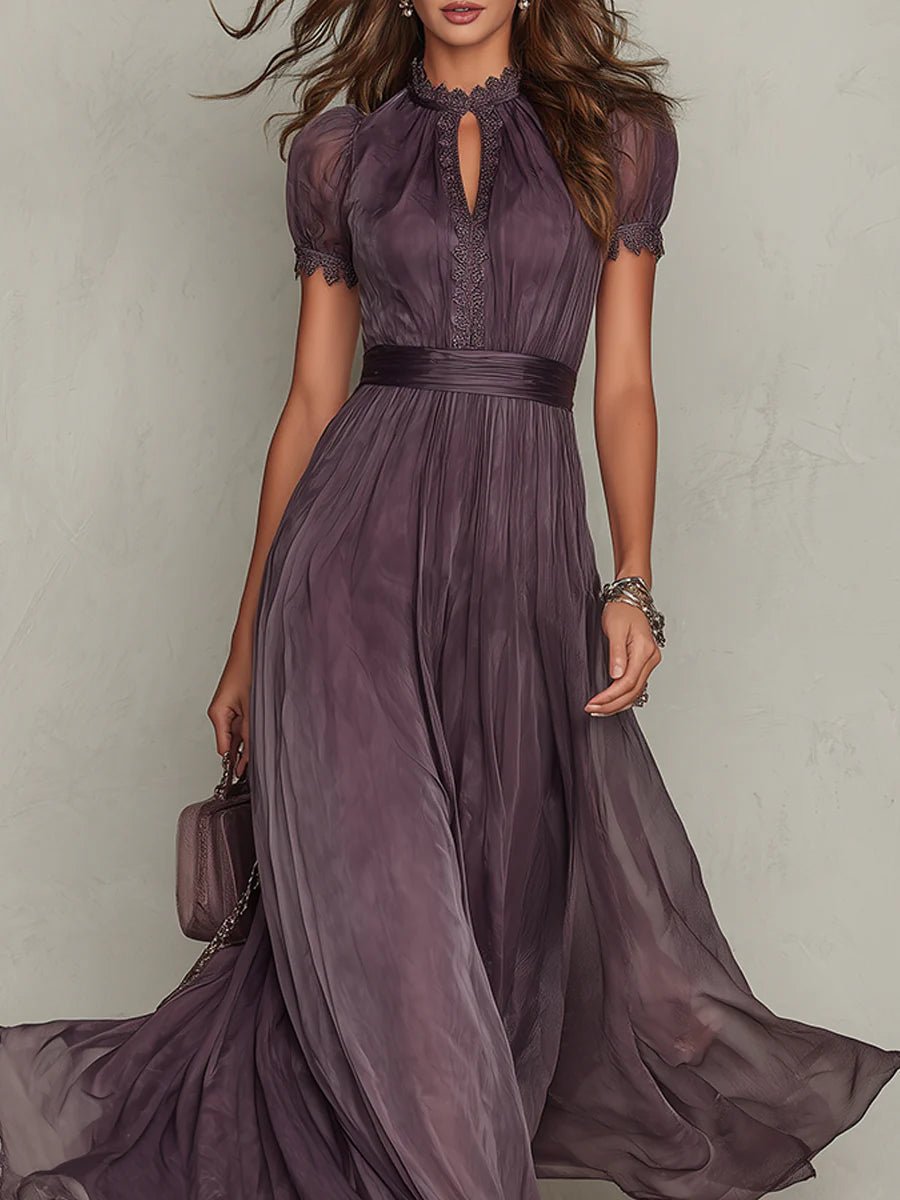 Maxi Dress Short Sleeve Keyhole Neckline Puff Sleeve