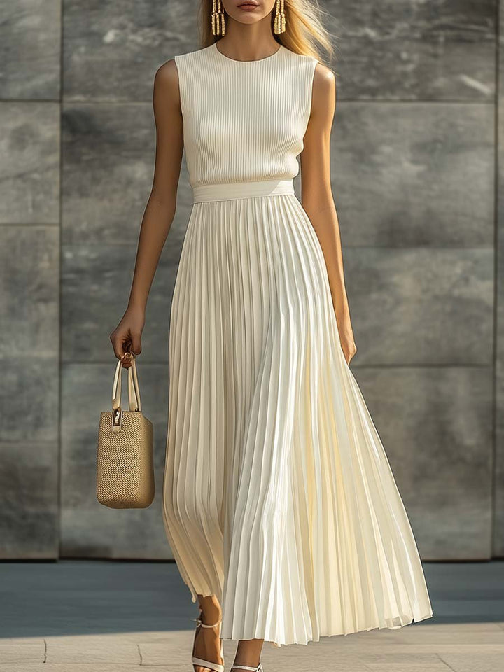 Maxi Dress Sleeveless Knit Pleated Chiffon - Cream