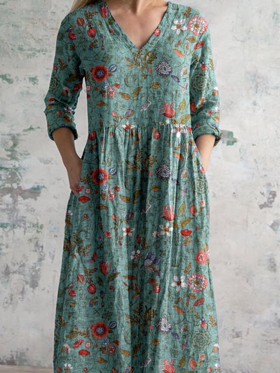 Maxi Dress V-Neck Cotton Bohemian Three Quarter Sleeve Pockets
