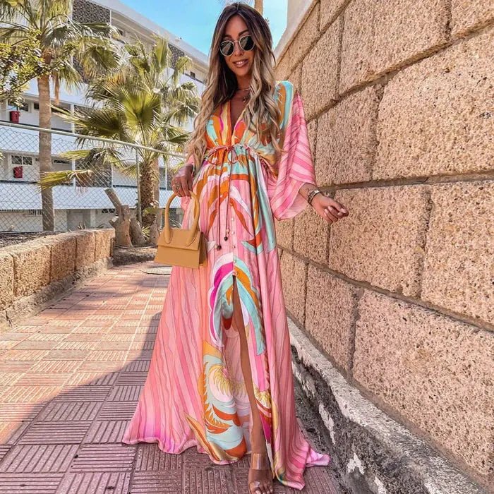 Maxi Dress V-Neck Kimono Sleeve Abstract Print Split - Light Pink