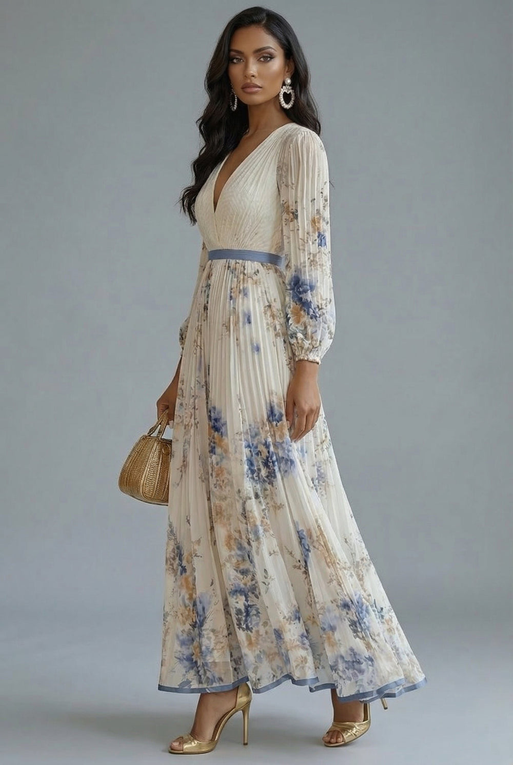 Maxi Dress V-Neck Long Sleeve Pleated Floral Print