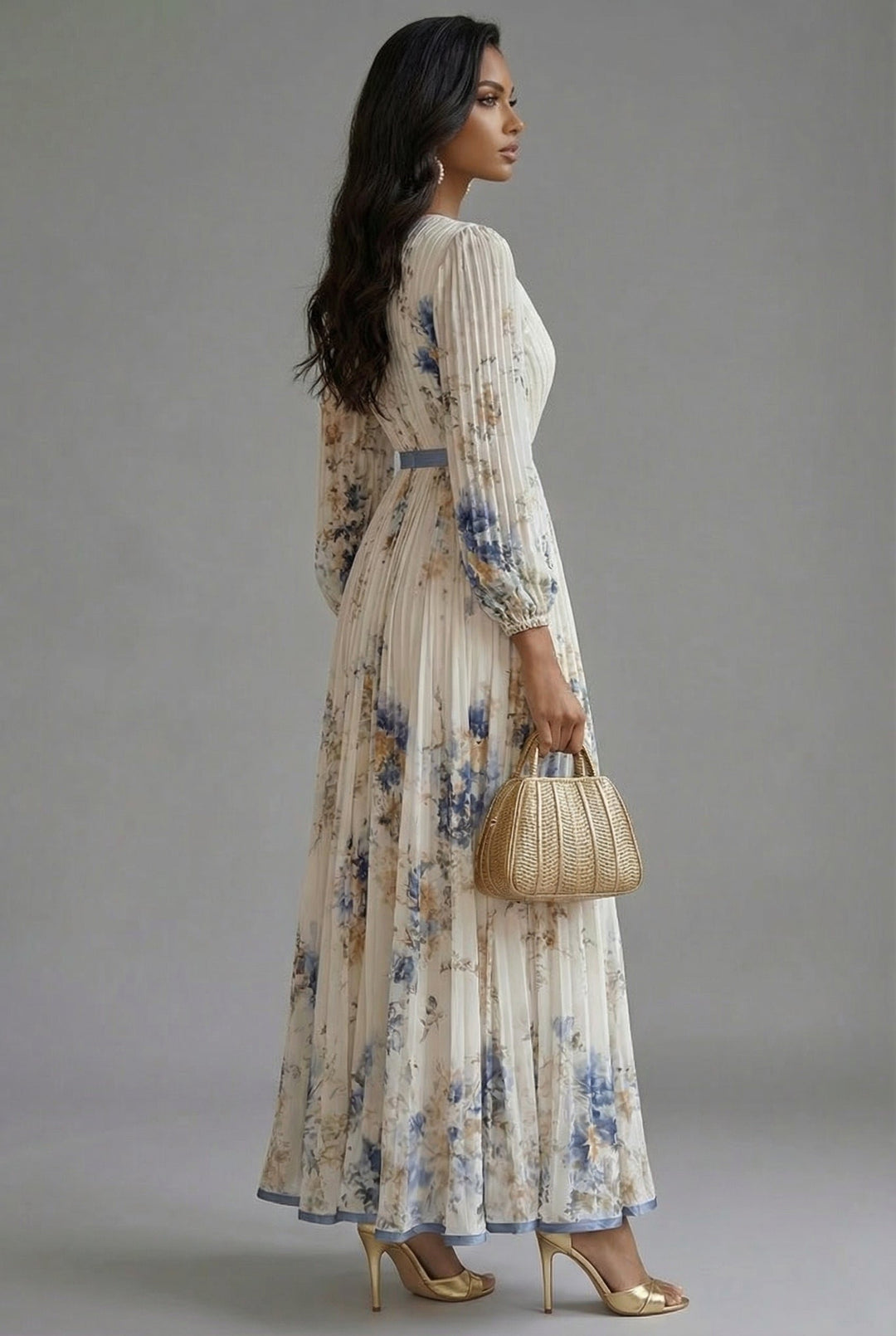 Maxi Dress V-Neck Long Sleeve Pleated Floral Print