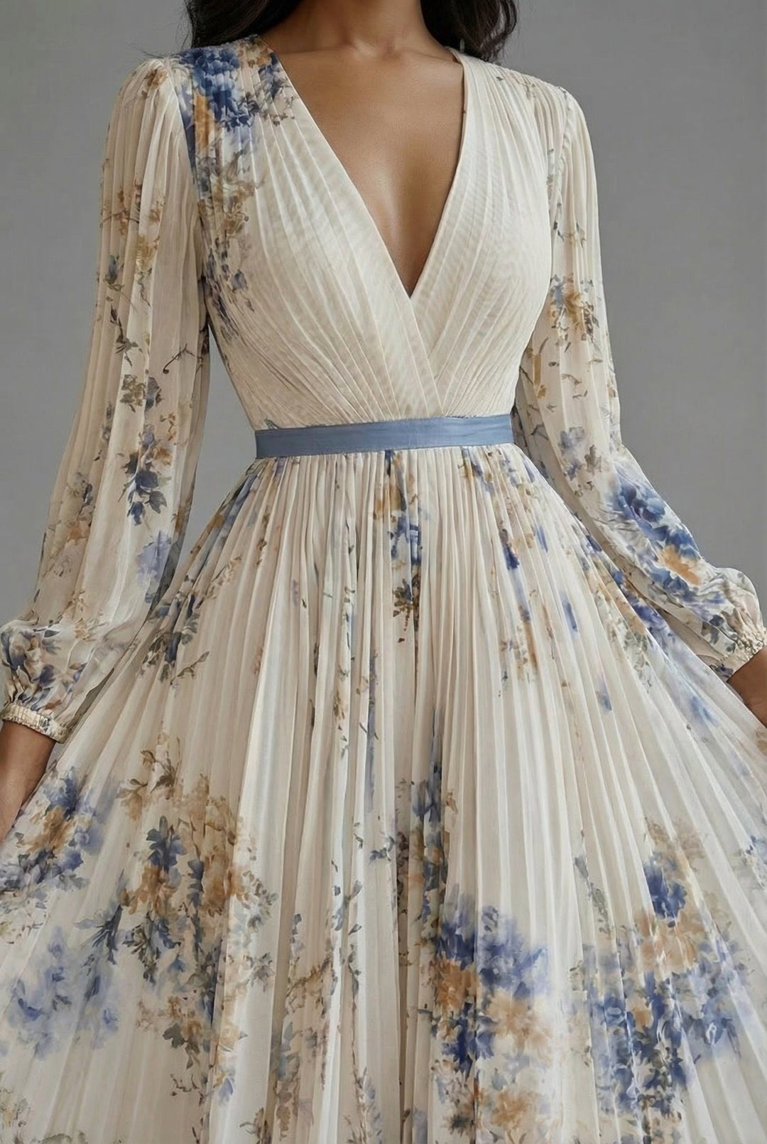 Maxi Dress V-Neck Long Sleeve Pleated Floral Print