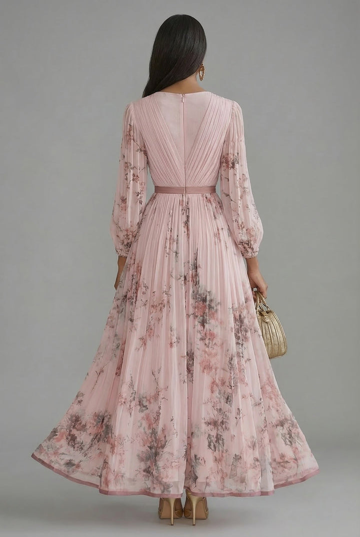 Maxi Dress V-Neck Long Sleeve Pleated Floral Print
