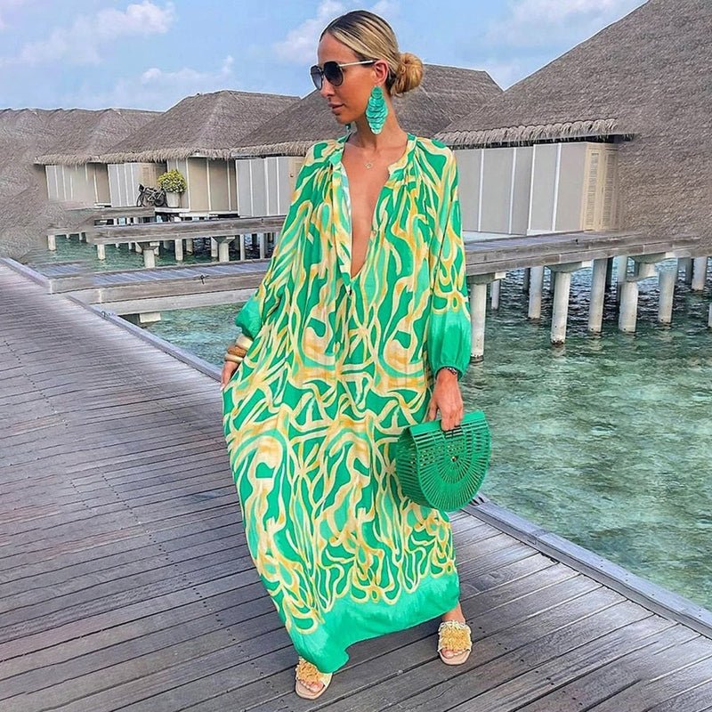 Maxi Kaftan Dress Abstract Print V-Neck Cover Up - Green