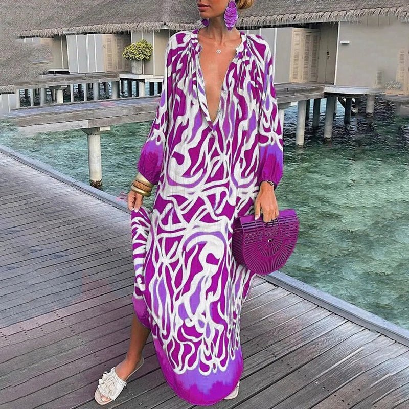 Maxi Kaftan Dress Abstract Print V-Neck Cover Up