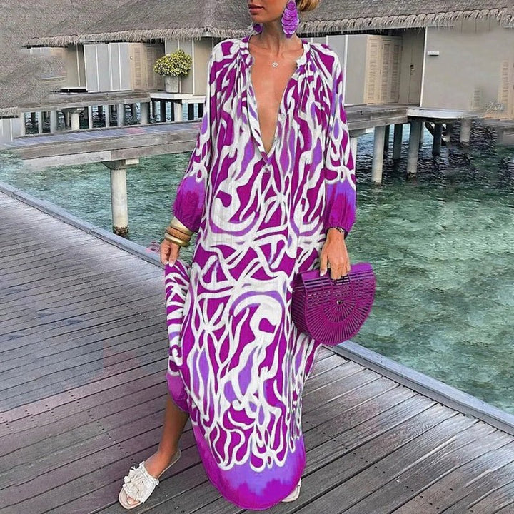 Maxi Kaftan Dress Abstract Print V-Neck Cover Up