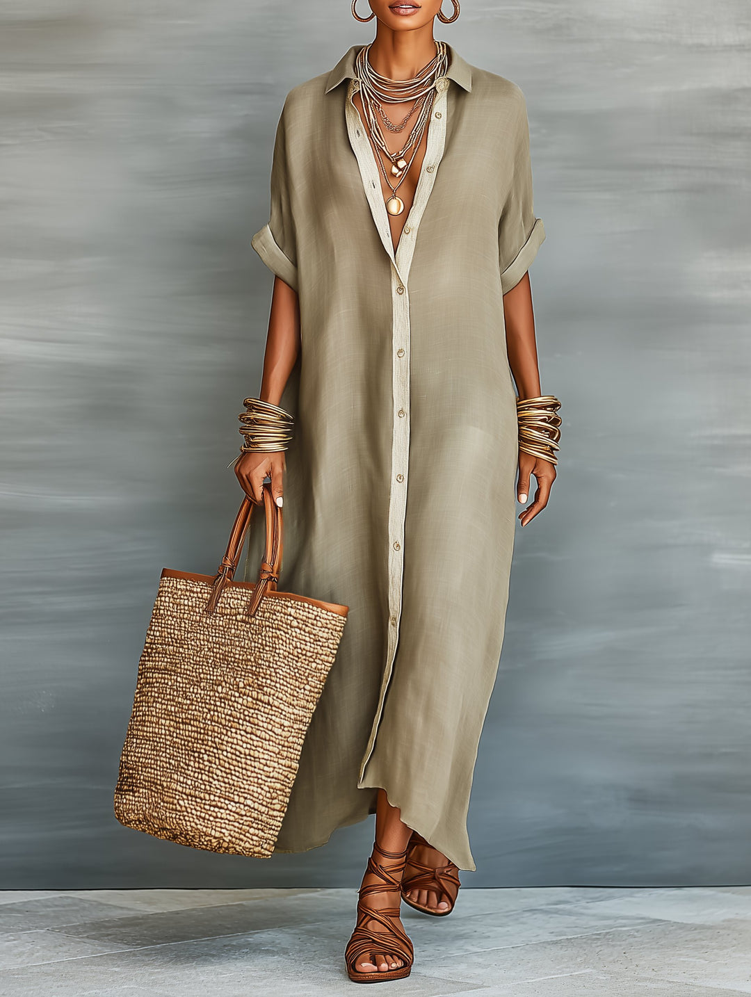 Maxi Shirt Dress Linen Blend Short Sleeve Minimalist - Photo Color